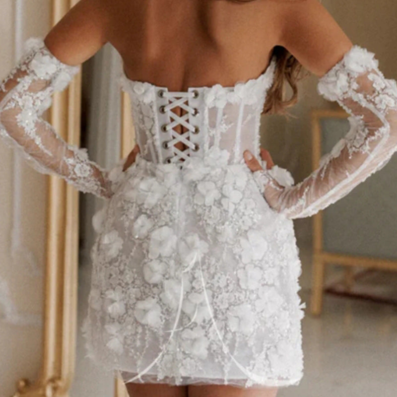 Damen Hochzeitskleid Florales Design Transparente Ärmel Weiß