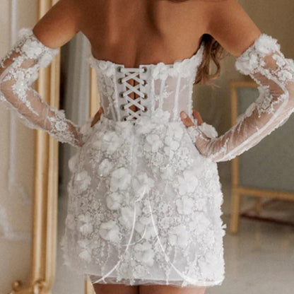 Damen Hochzeitskleid Florales Design Transparente Ärmel Weiß