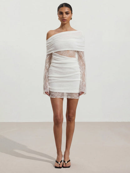 Damen Minikleid Chiffon Spitzenärmel Schulterfrei