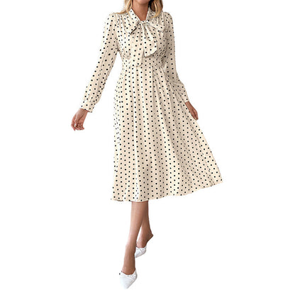 Damen Polka-Dot Midi-Kleid mit Bindekragen und langen Ärmeln
