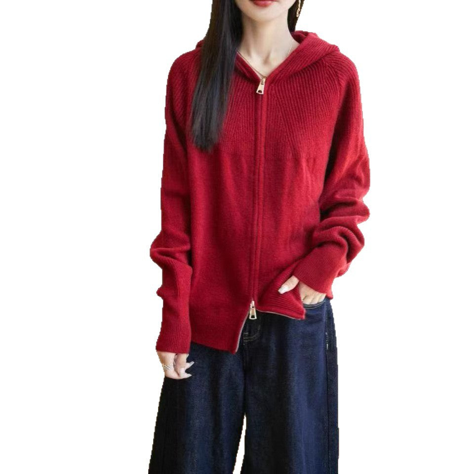 Damen Kapuzenjacke Feinrippstrick Eleganter Reißverschluss