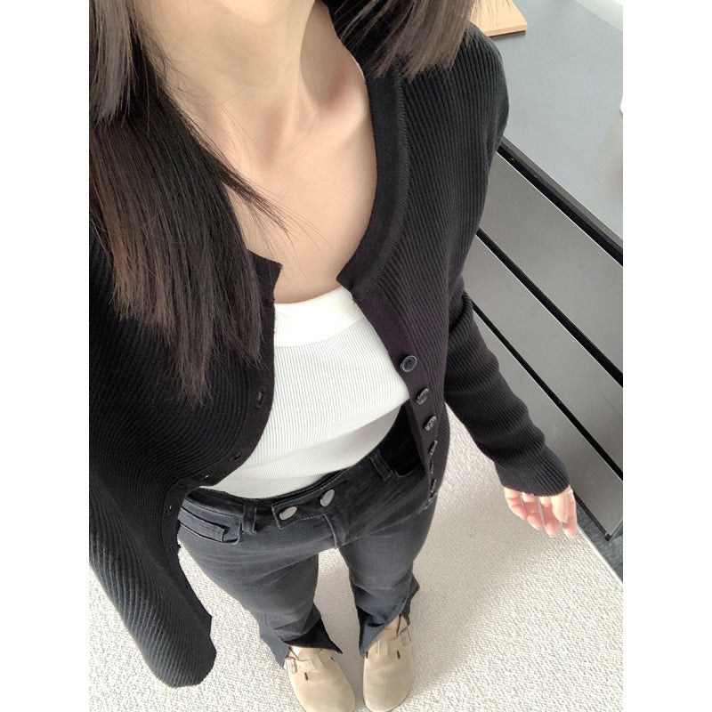 Damen Rippstrickcardigan Langärmlig Knopfverschluss Beige Norvielle - Norvielle