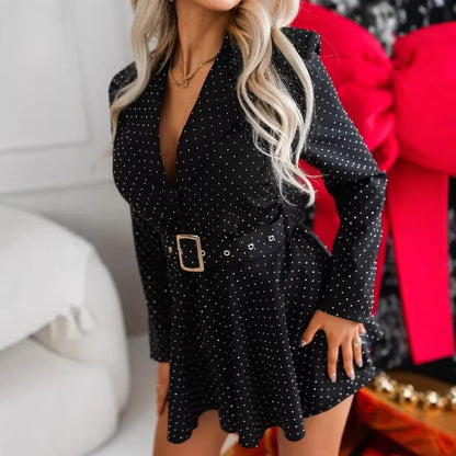 Damen Hemdblusenkleid mit Gürtel Punkte-Muster Norvielle