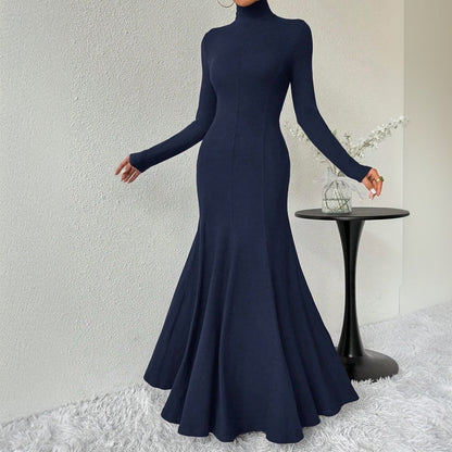 Damen Maxi-Kleid Langarm Hochkragen Schwingender Saum Norvielle