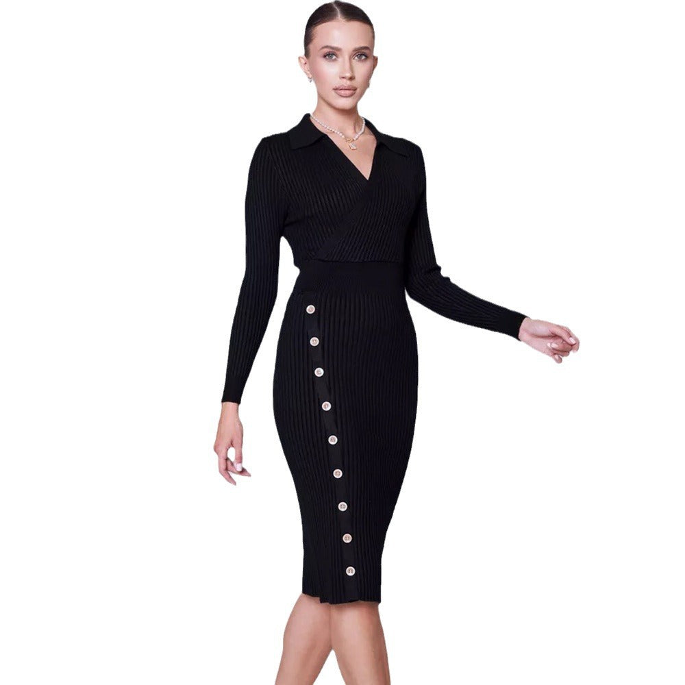 Damen Strickkleid Klassischer Kragen Knöpfe Beige