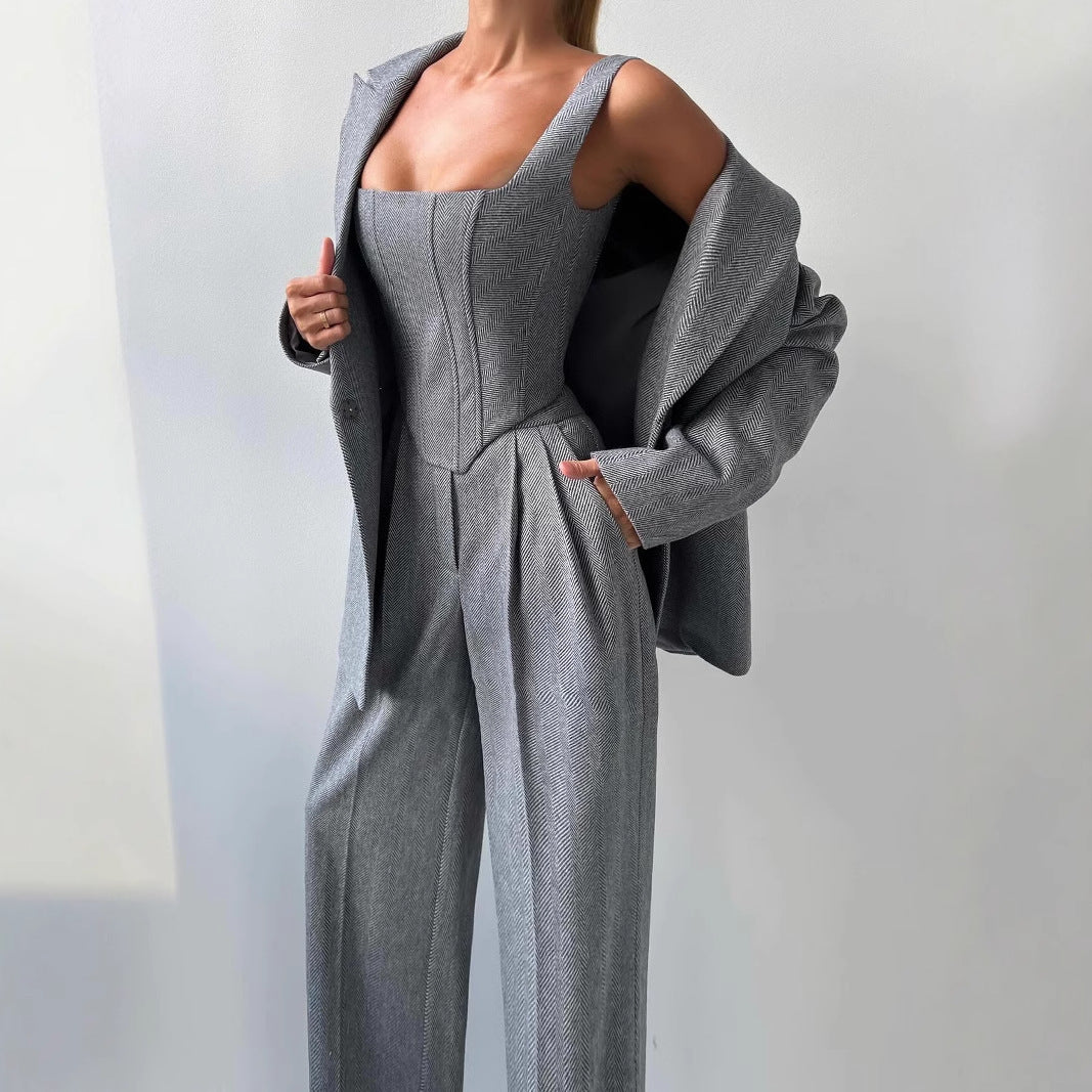 Damen Anzug-Set Zweiteilig Tailliertes Oberteil Geraute Hose Norvielle - Norvielle