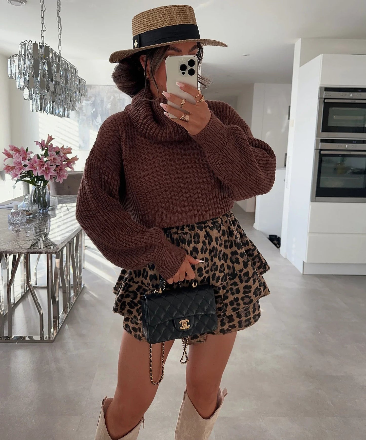 Damen Grobstrickpullover Hochkragen Weite Ärmel Norvielle