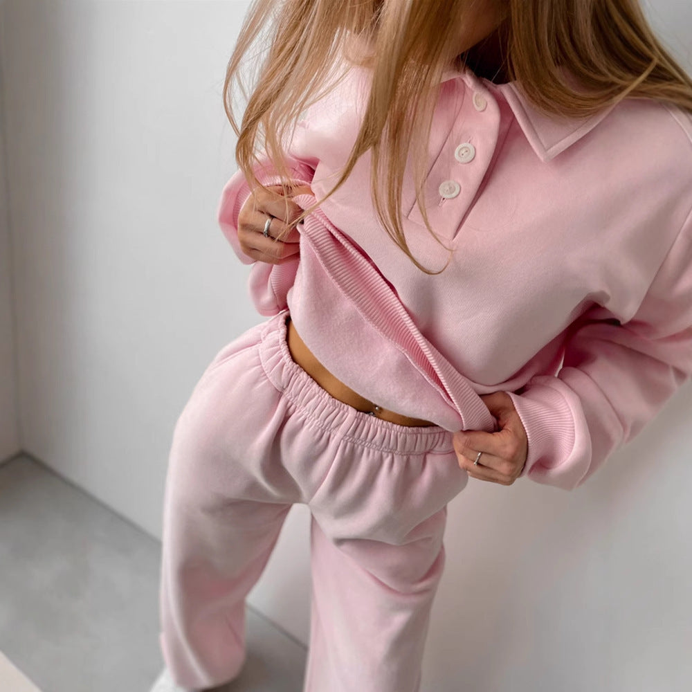 Damen Sportliches Loungewear-Set Weite Hose Modischer Kragen - Norvielle
