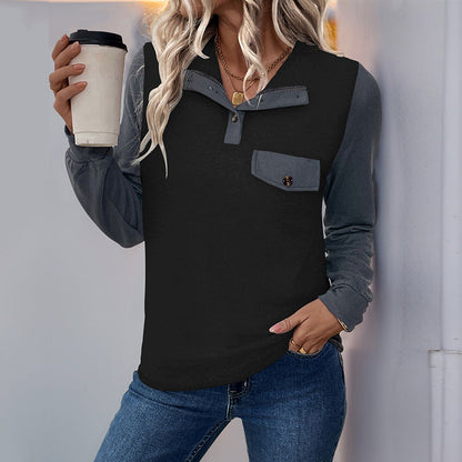 Damen Langarmshirt Kontrast Einsätze Brusttasche Norvielle
