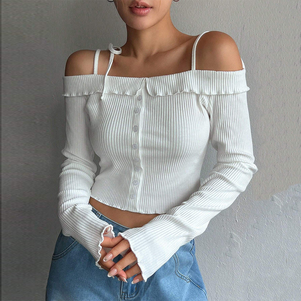 Damen Off-Shoulder-Oberteil mit Rüschendetails Cropped - Norvielle
