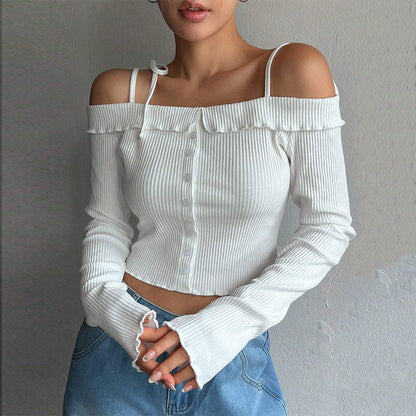 Damen Off-Shoulder-Oberteil mit Rüschendetails Cropped - Norvielle