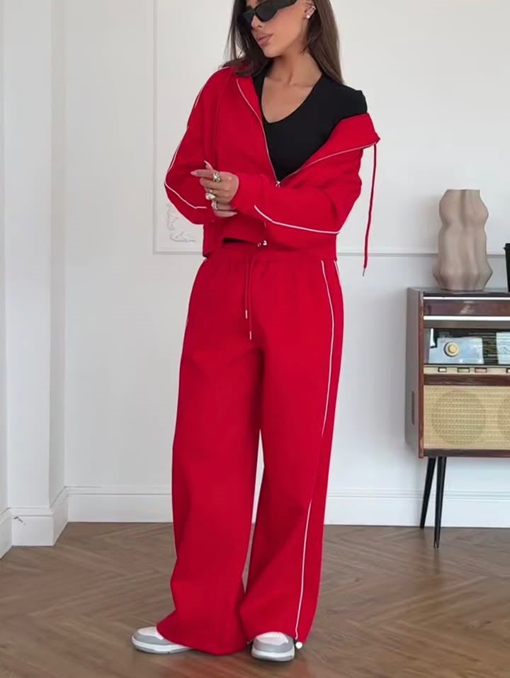 Damen Sportanzug Kapuzenpullover Jogginghose Set mit Kontraststreifen