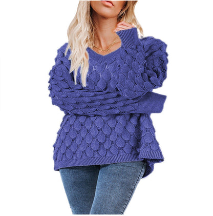 Damen Grobstrickpullover V-Ausschnitt Wellenmuster Norvielle