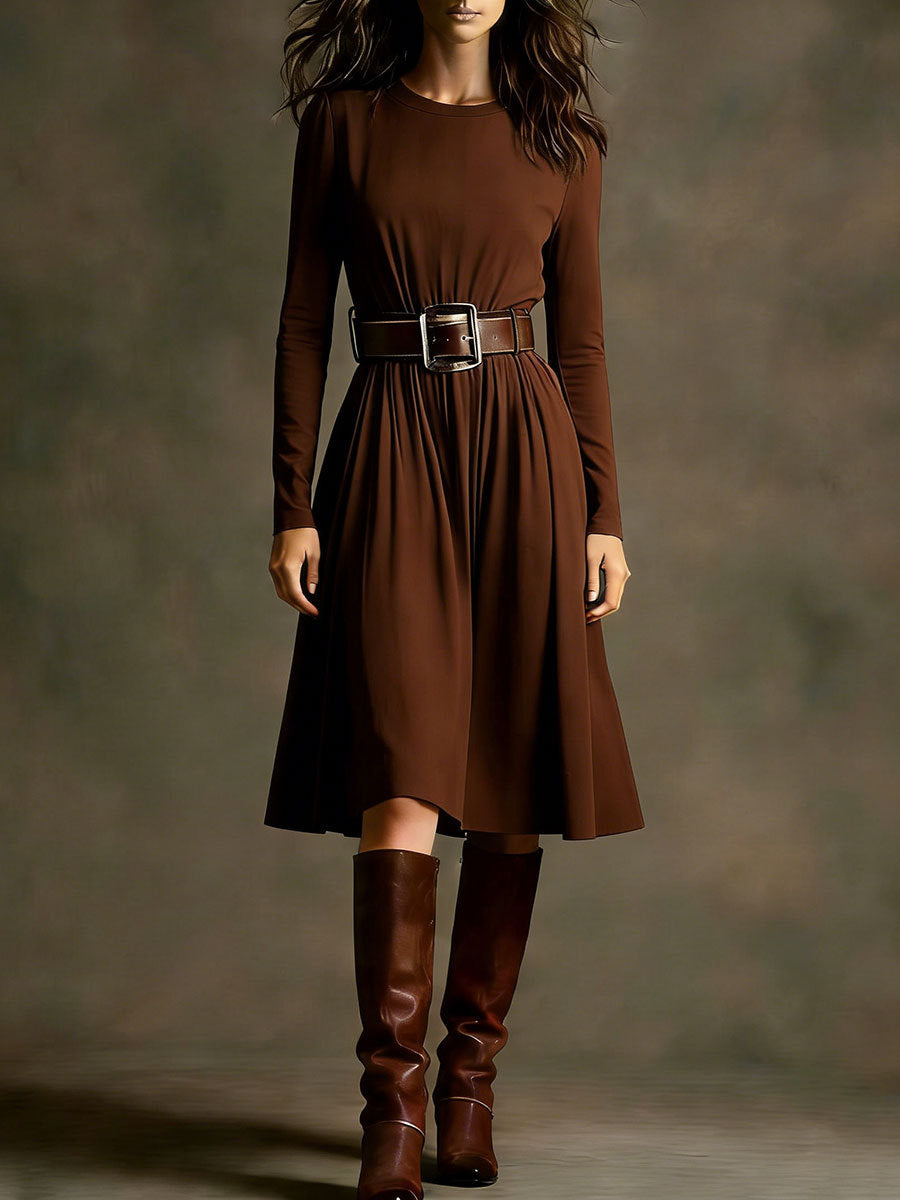 Damen Elegantes Kleid Langarm Taillengürtel Norvielle