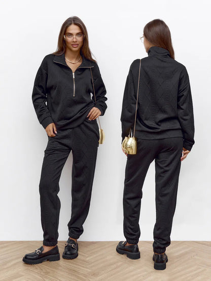 Damen Fleece-Loungewear-Set mit Reißverschluss Rippstruktur Norvielle