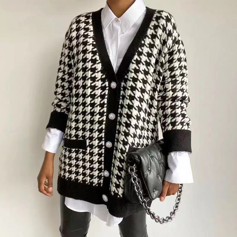 Damen Strickcardigan Hahnentrittmuster Große Knöpfe
