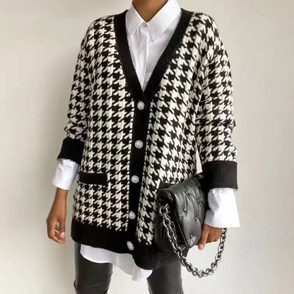 Damen Strickcardigan Hahnentrittmuster Große Knöpfe