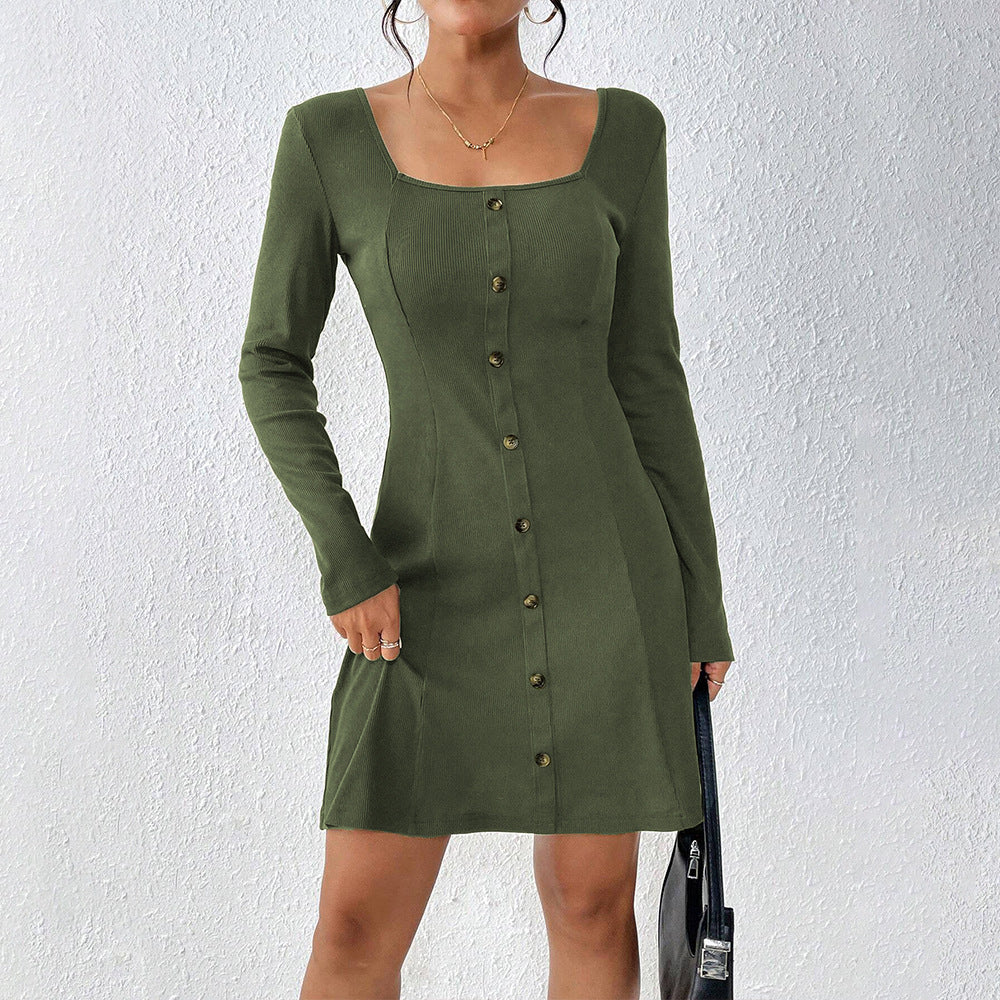 Damen Knopfleiste Kleid Langarm Quadratausschnitt