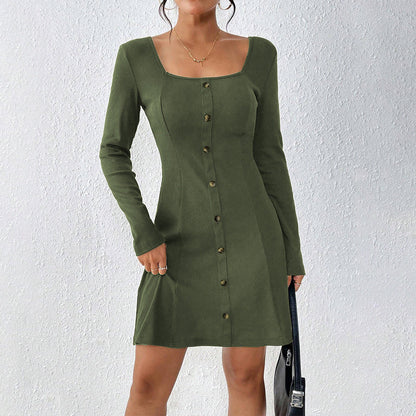 Damen Knopfleiste Kleid Langarm Quadratausschnitt
