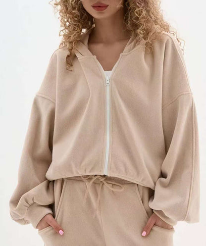 Damen Fleece-Hoodie Elastischer Bund Kuschelig Beige