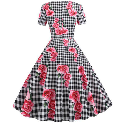 Damen Rockabilly Kleid Florales Karomuster