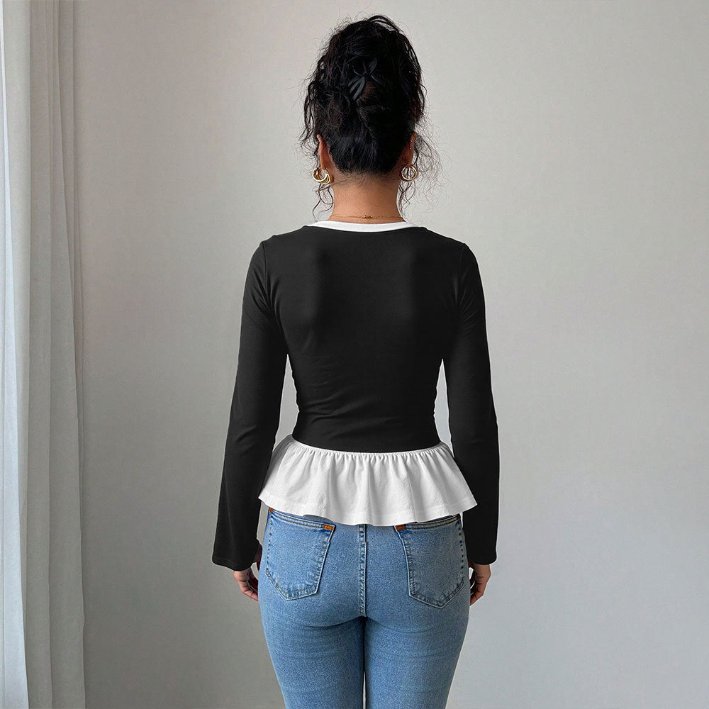 Damen Langarmshirt Rüschensaum V-Ausschnitt Norvielle
