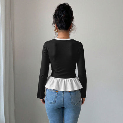 Damen Langarmshirt Rüschensaum V-Ausschnitt Norvielle