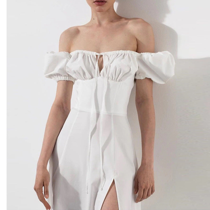 Damen Maxikleid Schulterfrei Puffärmel Norvielle