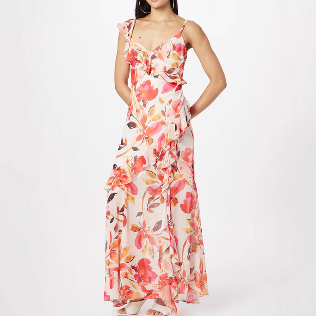 Damen Maxikleid Schulterfrei Flora Rüschen - Norvielle