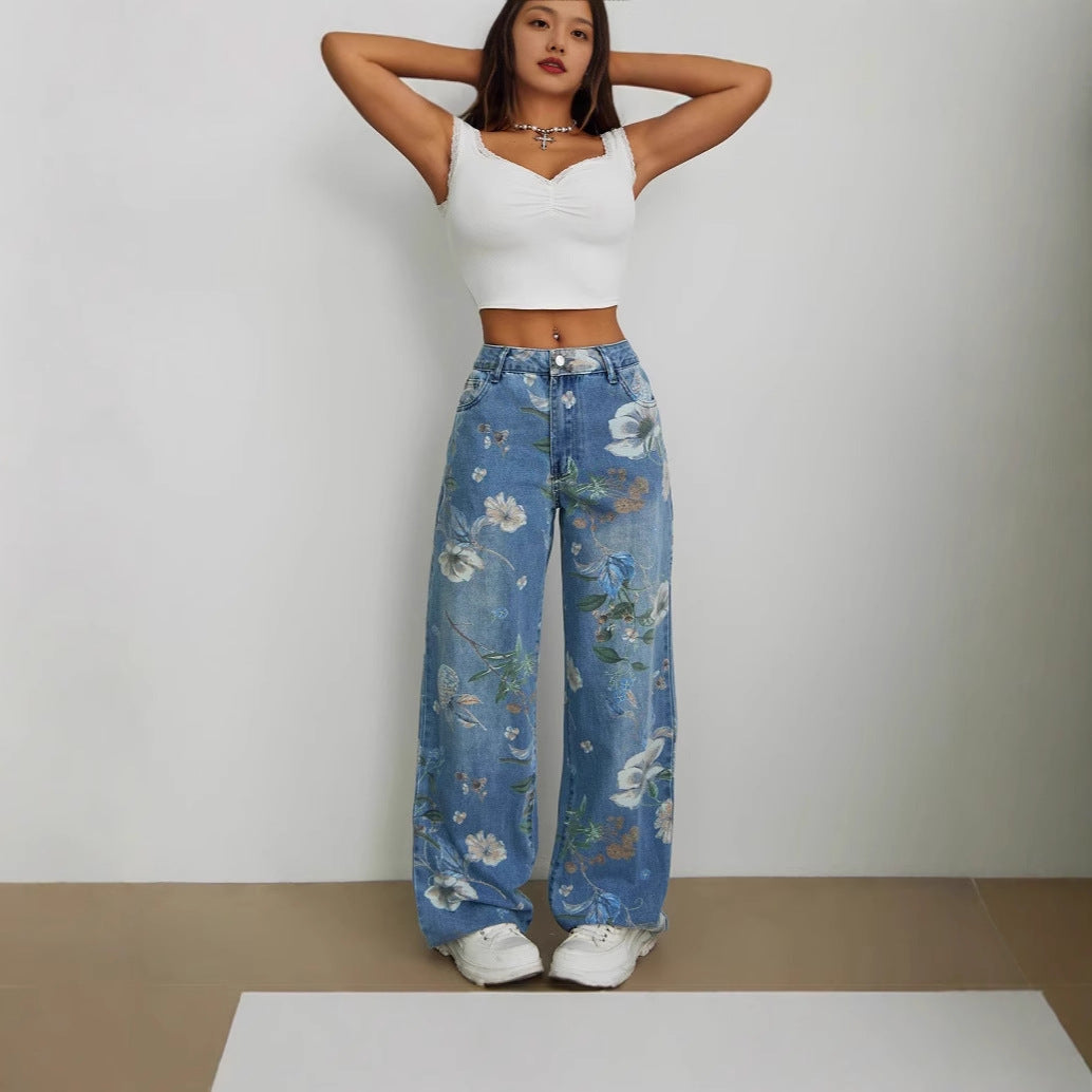 Damen Weite Jeans Florales Design Hochtailliert