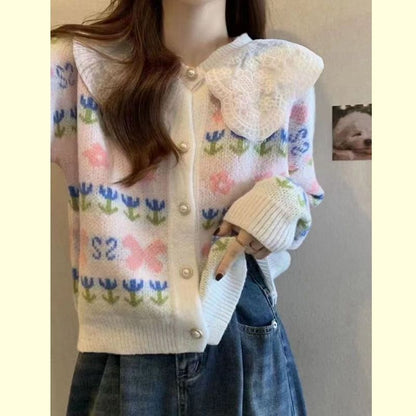 Damen Strickjacke Floralmuster Großkragen Norvielle