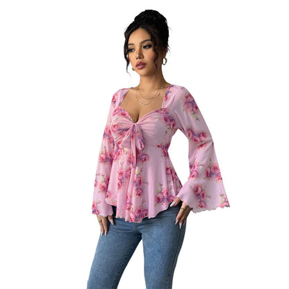 Damen Bluse Fließendes Blusen-Shirt Florales Design Verspielter Knoten