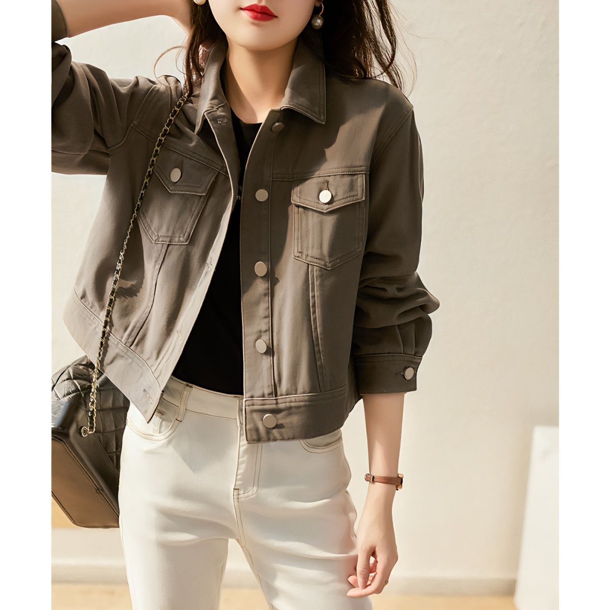 Damen Denim-Kurzjacke mit Druckknöpfen