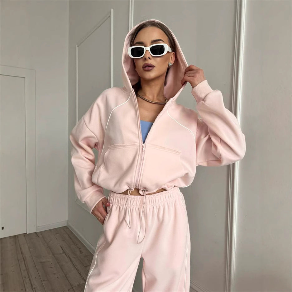 Damen Sportliches Kapuzen-Set Kontrastpaspel Cropped Norvielle - Norvielle