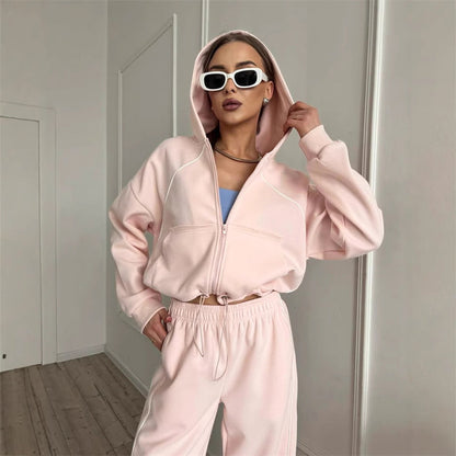 Damen Sportliches Kapuzen-Set Kontrastpaspel Cropped Norvielle - Norvielle
