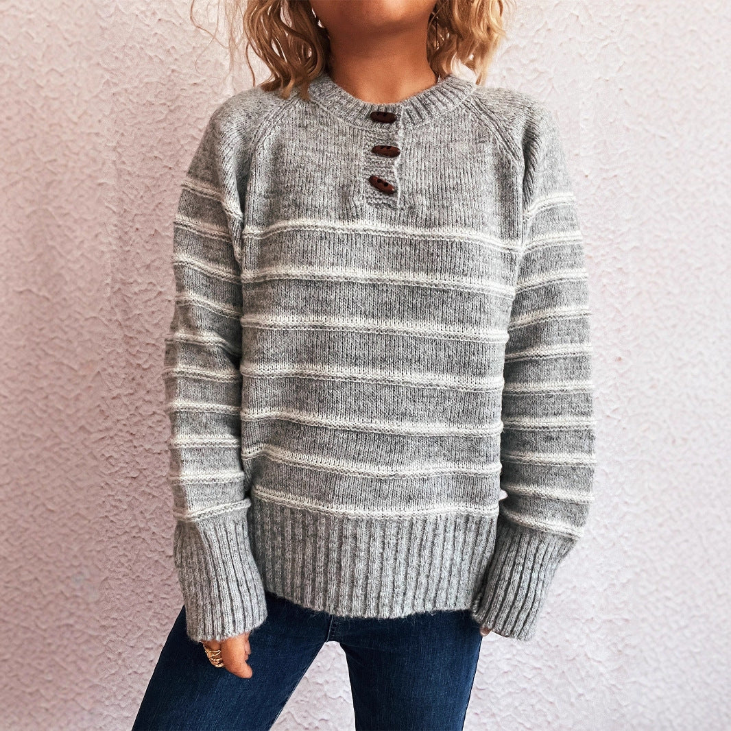 Damen Strickpullover Gemustert Knopfdetails Weiter Hals