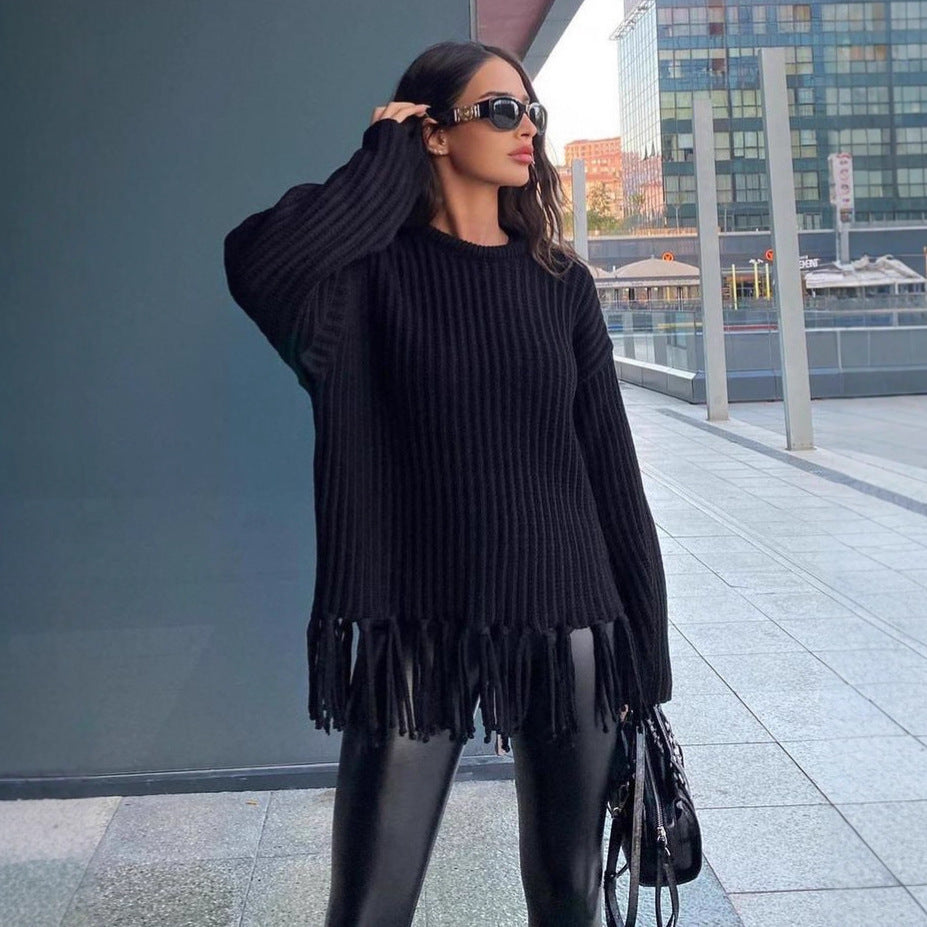 Damen Strickpullover Lässig Fransen Länge Ärmel Beige