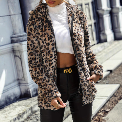 Damen Fleecejacke Leopardenmuster Reißverschluss