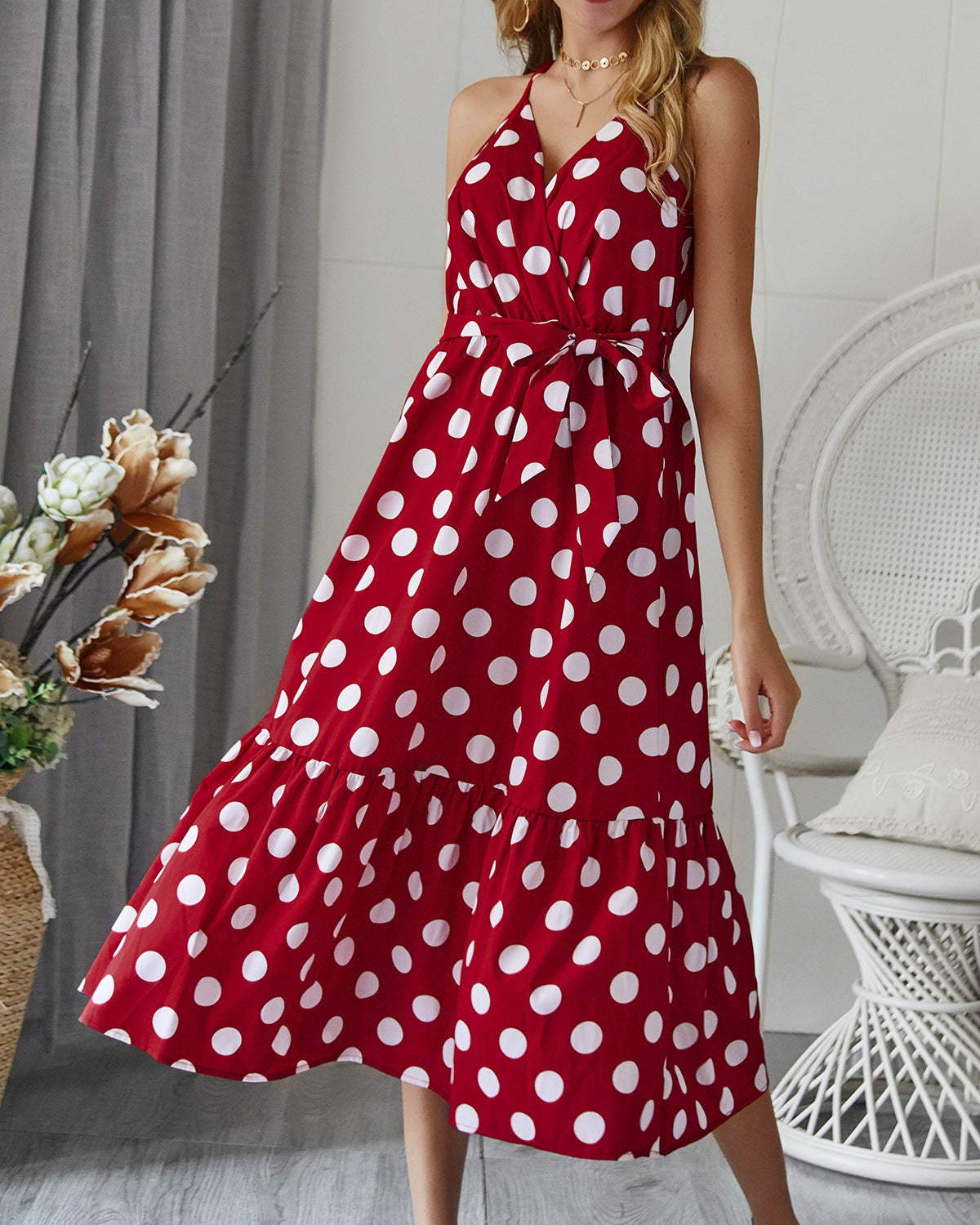 Damen Maxikleid Polka-Dots Rüschen Norvielle