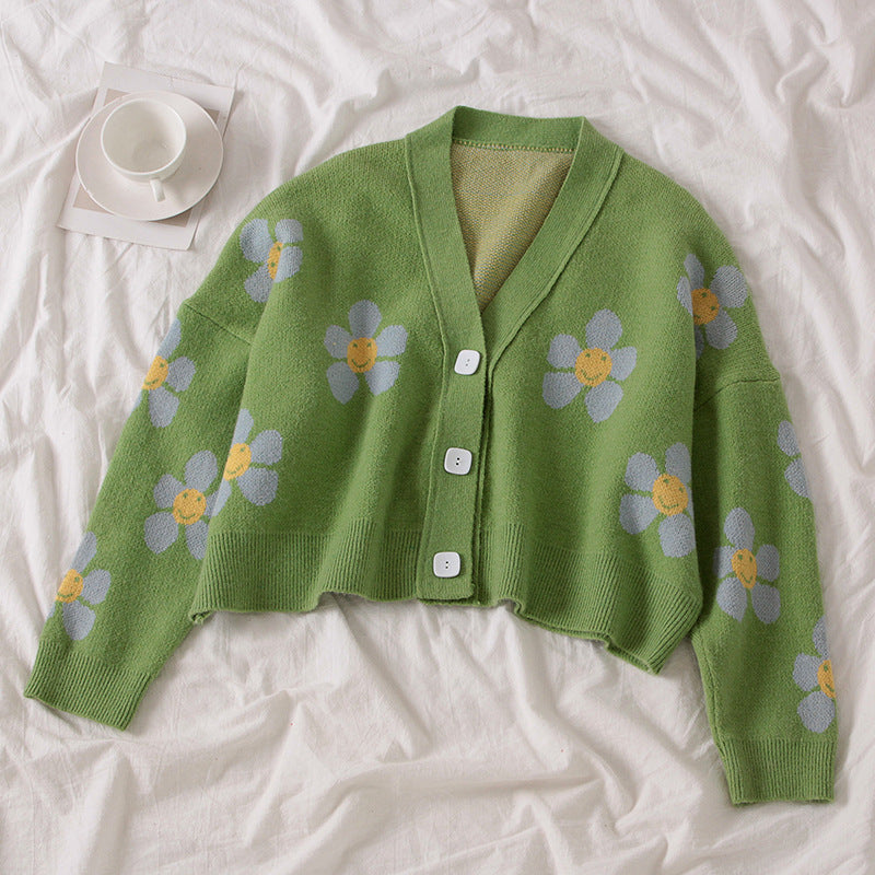 Damen Cardigan Grobstrick Floralmuster Knöpfe Beige