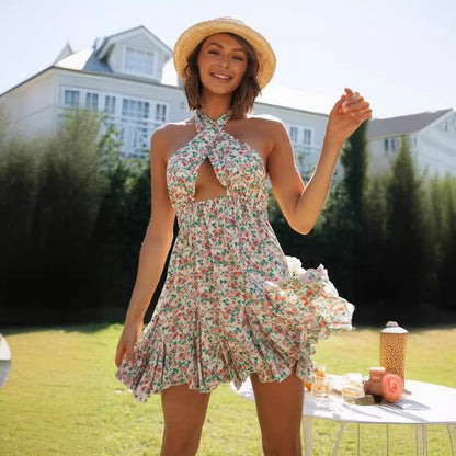 Damen Sommerkleid Verspielter Knotenausschnitt Rüschensaum Norvielle