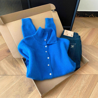 Damen Strickjacke Hohem Kragen Sternknöpfe Norvielle
