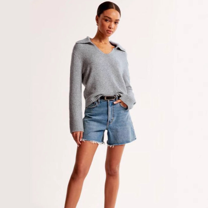 Damen Pullover Weiter Kragen Gerippte Bündchen Norvielle