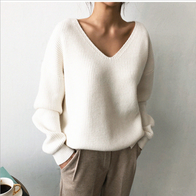 Damen Pullover V-Ausschnitt Strukturierter Look Breite Ärmel Norvielle