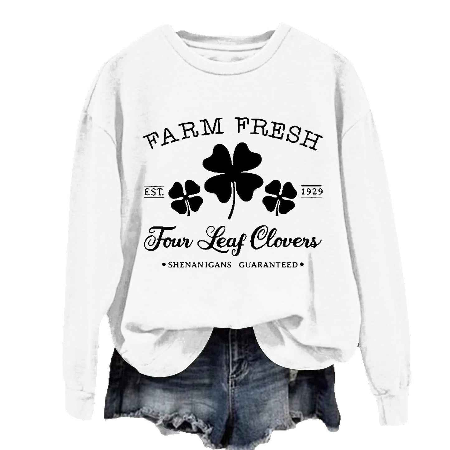 Damen Sweatshirt Vintage Klee Motiv Baumwolle Gemütlich Grün