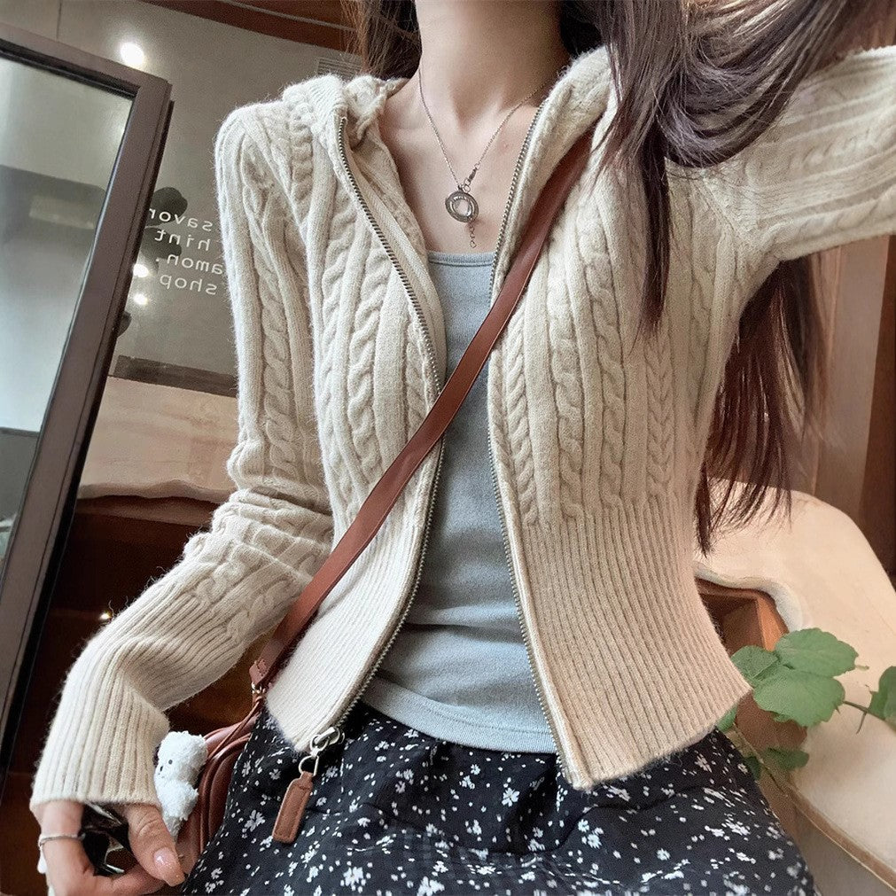 Damen Strickjacke Kapuzenpullover Zopfmuster Asymmetrisch Beige