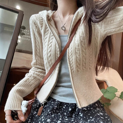 Damen Strickjacke Kapuze Zopfmuster Norvielle