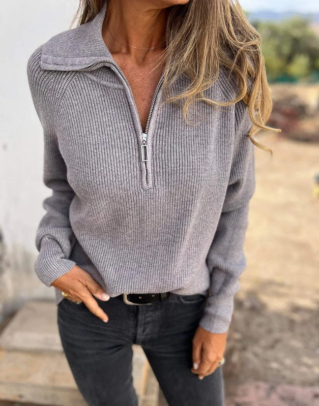 Damen Strickpullover Halb-Reißverschluss Rippstruktur Norvielle