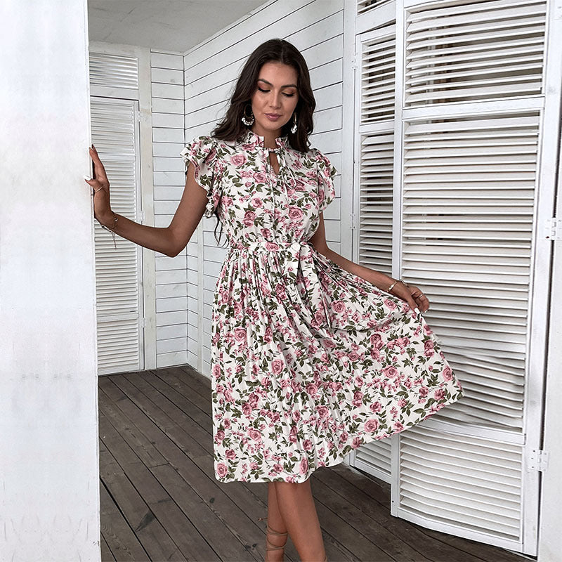 Damen Kleid Floralmuster Rüschenbesatz Norvielle