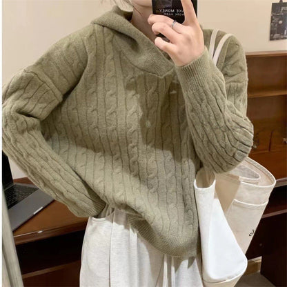 Damen Kuscheliger Strickpullover Kapuze Zopfmuster Norvielle